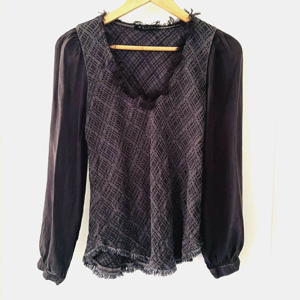 Maven West Womens Size XS V-Neck Long Sleeve Cupro Tencel Blossom Top Raw Edge
